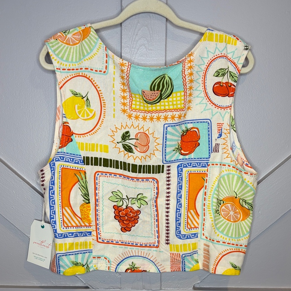 Sweet Hearts Los Angeles XL Linen Blend Colorful Fruit Print Top Vest Pant Set - Picture 4 of 16